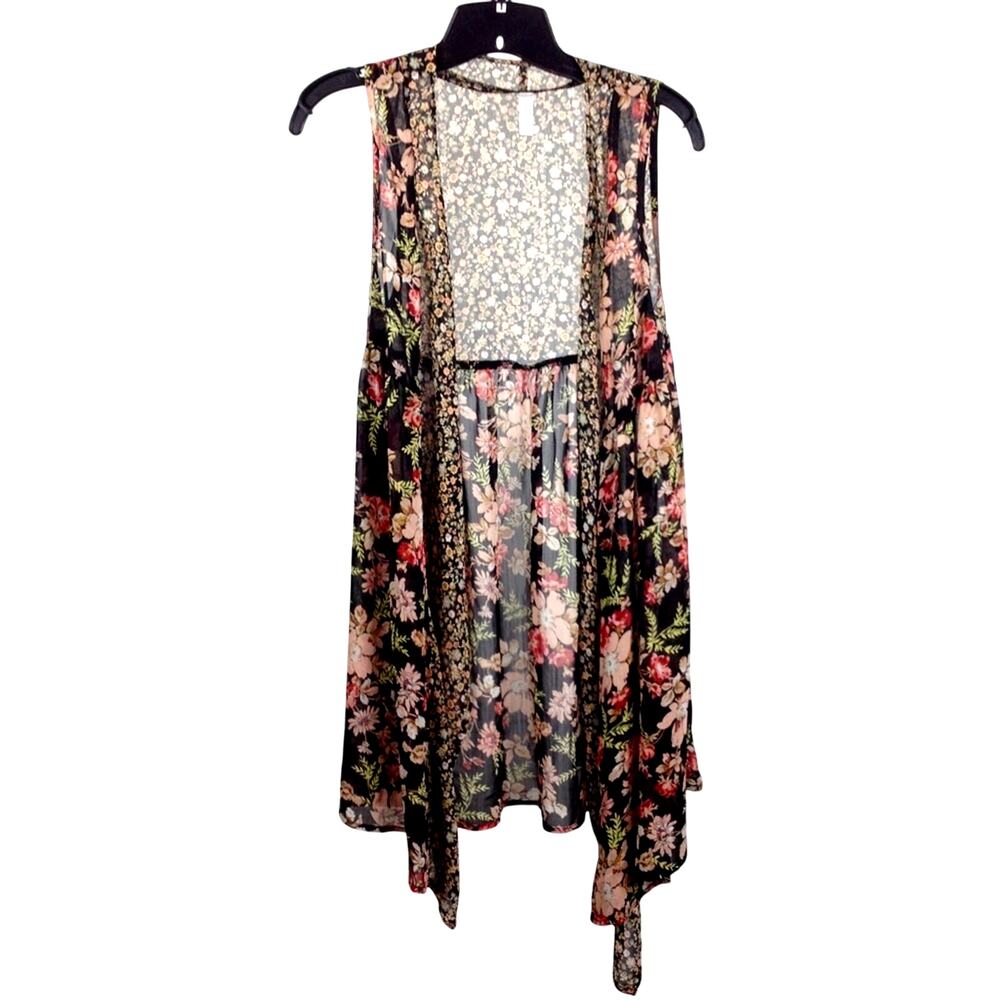 Boho Sleeveless Floral Vest Cardigan Shawl XS Black Red Lightweight Semi SHeer
